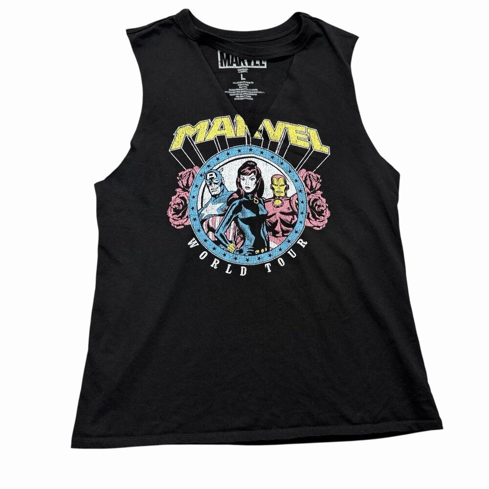 Marvel World Tour Graphic Tank Top Womens L Black Widow Iron Man Captain America